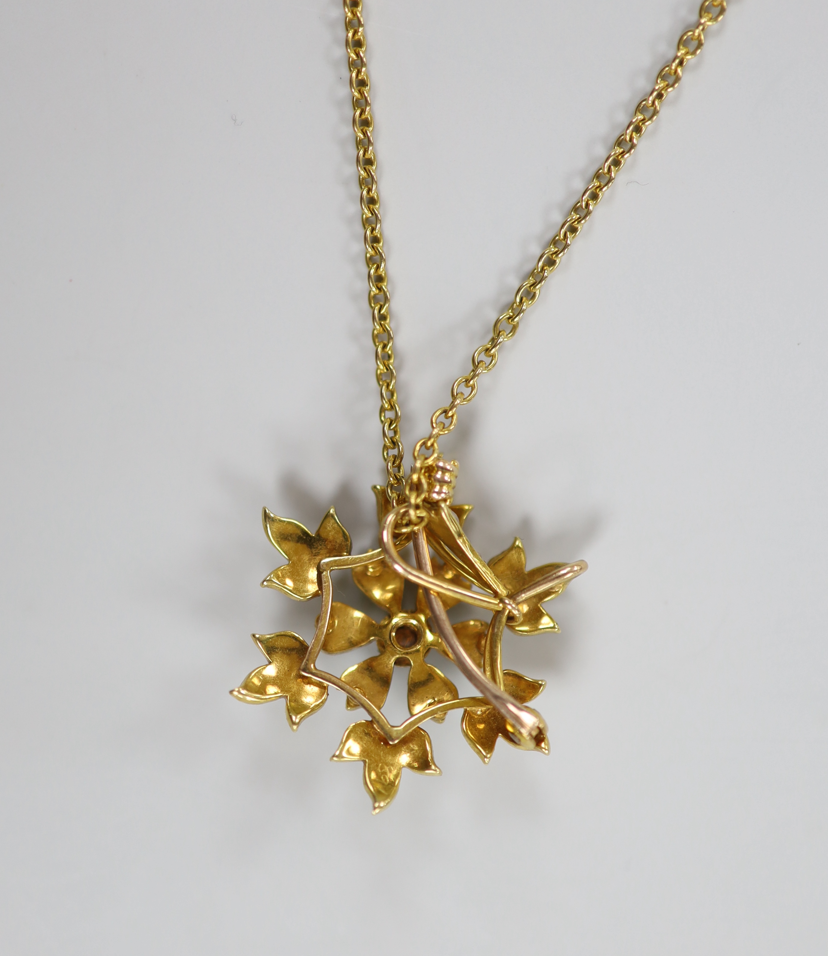 An Edwardian yellow metal, turquoise and seed pearl set flower head pendant brooch, overall 36mm, on a 9ct chain, gross weight 7.4 grams.